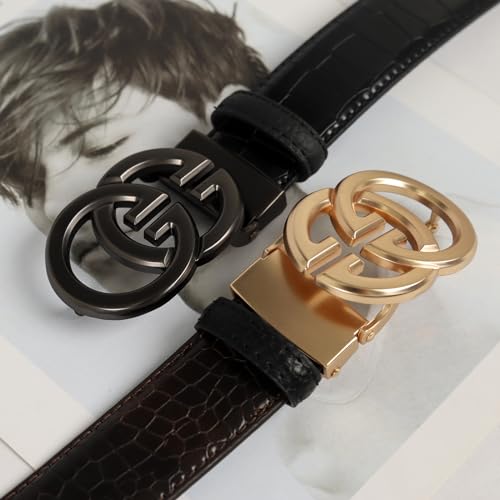 Image of Aurolran Men&Womens Leather Dress Belt Business Automatic Buckle Belt Color-Black Silver Gold