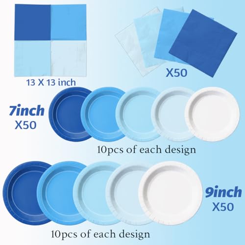 Image of CMUSKO 150Pcs Blue Plates and Napkins-Light Blue Party Supplies Gradient Blue Disposable Tableware Serves 50 for Birthday,Baby Shower,Wedding