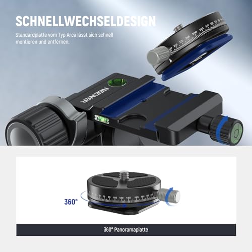 NEEWER 3 Wege Neiger Stativkopf mit 360° Schwenk Arca QR Platte, Millimeter Mikroeinstellung… – Ansicht 4