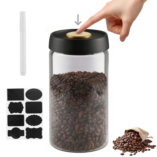 Foymlon 1 8L Kaffeedose Luftdicht Kaffee Vakuumbehälter aus Glas Kaffeebehälter Luftdicht mit Druckknopf und Silikonring Kaffeebehälter Luftdichts Kaffeebehälters Vakuum für Bohnen Tee Nüsse