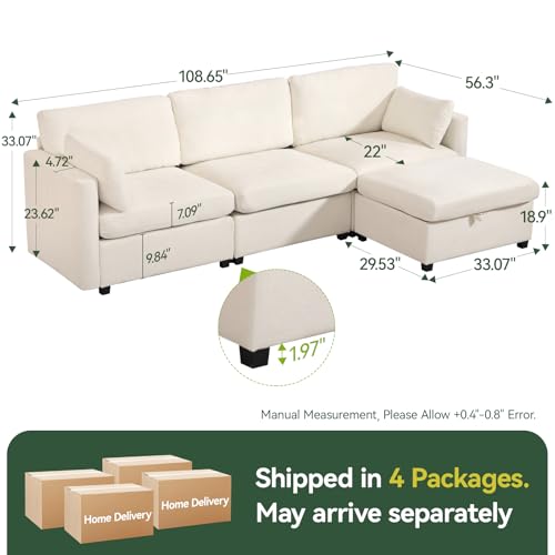 109'' Modular Sectional Sofa, L Shaped Couch with Storage Ottoman, Comfy Cloud Sofa with Deep Seat, 4 Seat Convertible Sectional Couches for Living Room (Beige, Low Legs 1.97") - Image 3