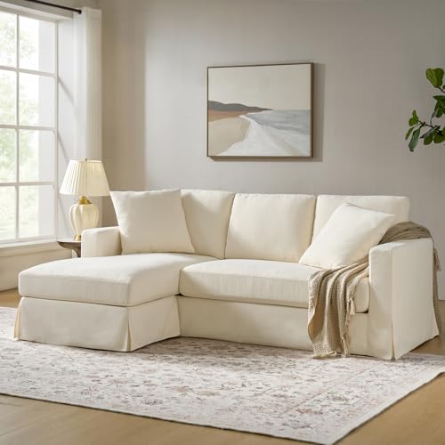 HULALA HOME 85" Slipcovered Sofa with Removable & Washable Cover, 3-Seater Farmhouse Chaise Sofa with Down-Filled Cushions, Comfy Upholstered Couch for Living Room Bedroom, Linen