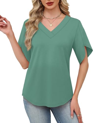 Image of WIHOLL Womens Summer Tops Short Petal Sleeve Shirts Fashion V Neck Womens Clothing