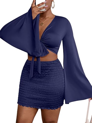 Image of LYANER Women 2 Piece Vacation Outfits Tie Knot Front Bell Long Sleeve Crop Top and Mini Skirt Summer Set