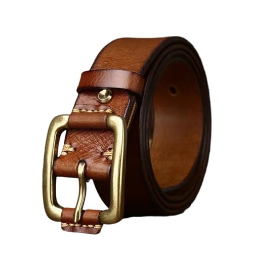 Men Leather Belt Solid Cowhide Fancy Brass Buckle Jeans
