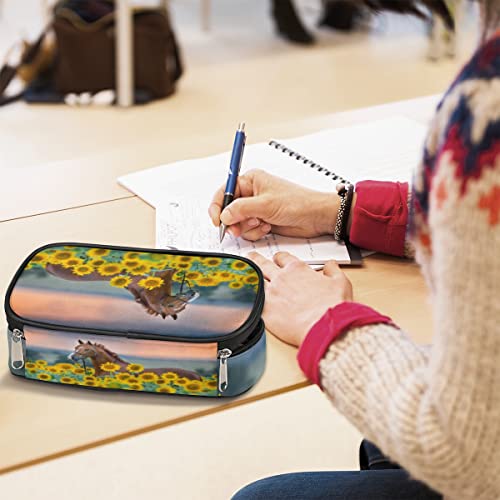 Image of Pardick Horse Sunflower Big Capacity Pencil Pen Case Horse Flower Large Pencil Pouch with Zipper Compartments Pencil Bag for Boys Girls Adults Student Office School Supplies