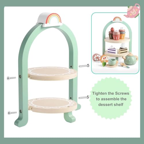 Image of BLiSS HUES Wooden Cupcake Stand- 8 Pcs Toddler Tea Set & Food Pretend Play Accessories- Kitchen Playset for Kids