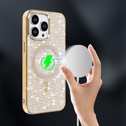 LUVI Compatible with iPhone 16 Pro Max Bling Diamond Case Magnetic Glitter 3D Rhinestone Compatible with MagSafe Sparkly Electroplate Bumper Luxury Fashion Protective Cover for Women Girls Gold by LUVI - Used condition - Image 4