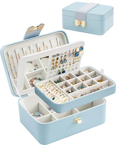 Lolalet 2 Layer Jewelry Box for Teen Girls & Young Women, Jewelry Organizer Case with Bow Clasp and Mirror for Earrings Rings Necklaces Storage, Gift Idea -Blue