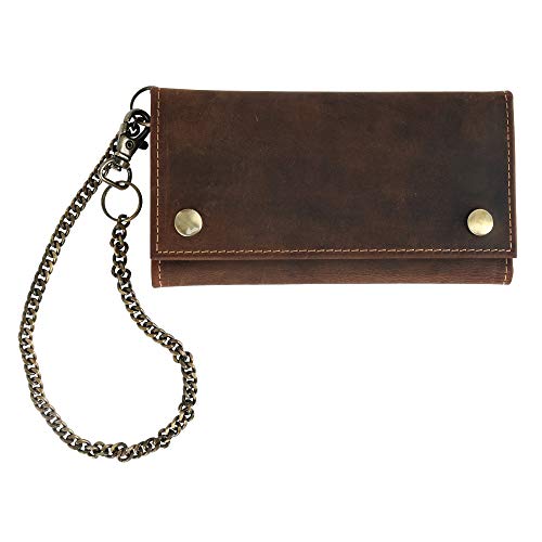 CTM Men's Hunter Leather Long Trifold Chain Wallet, Brown2
