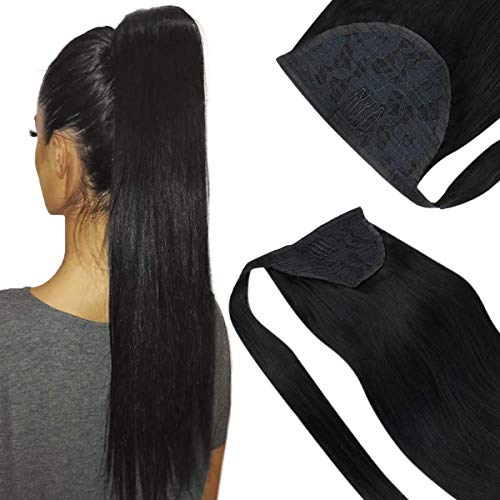 20inch Ponytail Extensions Jet Black Silky Straight Remy Human Hair Wrap Around Ponytail for Black Women Clip in Hair Extensions Ponytail Black 80g/set