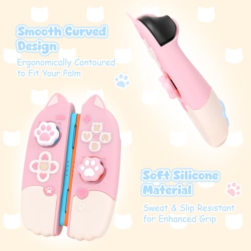 Image of Geekshare Protective Case Set Compatible with Switch 2, PC Back Plate with Silicone Joysticks Covers, Includes 2 Thumb Grips, Waterproof Protection (Pink Cat, for Switch 2)