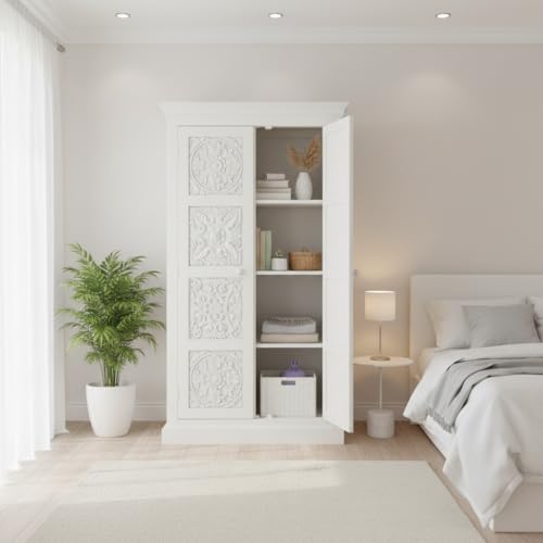 Image of APRODZ Floreale Mango Wood Wardrobe for Bedroom 2-Door Modular Wooden Almirah for Storage /Space Saving Storage Organizer Rack Clothes Cupboard for Bedroom (White Finish)