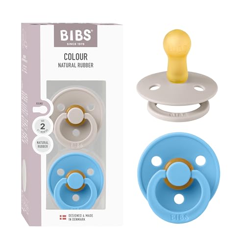 Image of BIBS Colour Pacifier 2-Pack, BPA Free Dummy Binky, Round Nipple. Natural Rubber Latex, Made in Denmark, Size 2 (6-18 Months), Mushroom /Breeze