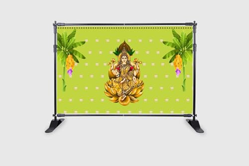Image of Traditional Varamahalakshmi Backdrop Cloth for Festival Decoration /Varamahalakshmi Pooja /Lakshmi Devi in Golden Lotus Background Curtain Size 5Feet Height and 8Feet Width(5 * 8)