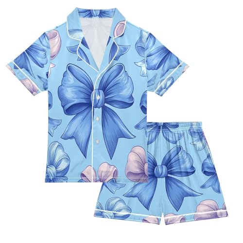 Satin Pajama Sets Short Sleeve Blue and Pink Bows Button Down Silky Nightwear 2 Piece PJS 5-14Y