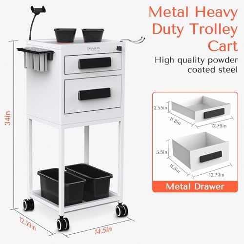 TASALON Upgrade White Two Tier Rolling Trolley Cart with Lockable Drawer, Hair Styling Equipment with Metal Body & Large Space & 2 Magnetic Bowls, Ideal for Makeup, Spa, Salon, Home and Garage storage TASALON Upgrade White Two Tier Rolling Trolley Cart with Lockable Drawer, Hair Styling Equipment with Metal Body & Large Space & 2 Magnetic Bowls, Ideal for Makeup, Spa, Salon, Home and Garage storage