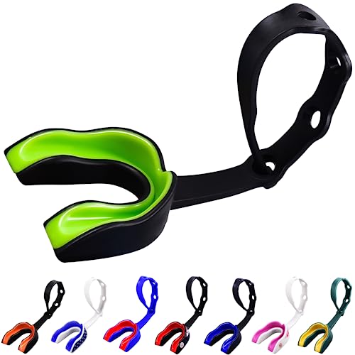 Image of Oral Mart Black /Green Strapped Youth Mouth Guard for Kids - Sports Mouthguard with Connected Strap for Ice Hockey, Football, Lacrosse, Taekwondo