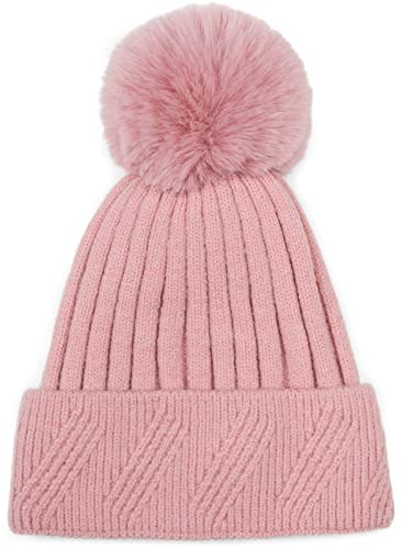 styleBREAKER Damen Strick Bommelmütze Einfarbig mit Rippen Muster und Fleece Futter, Winter Mütze, Strickmütze 04024198, Farbe:Altrose