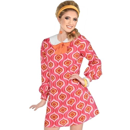 Mod Dress For Women- Pink & Orange Ogee Patterned Attire Perfect For Costume Parties, School Events & More Celebrations - 1 Pc
