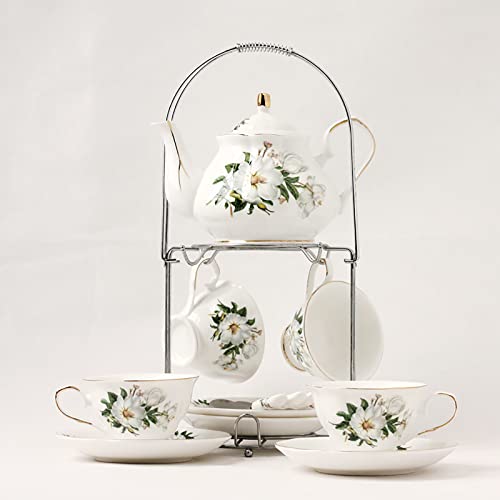 Juego de taza de té y platillo de regalo, juego de té de cerámica europea, juego de café con soporte de metal, servicio de té de boda con pintura rosa británica, A (C) (A) (A)