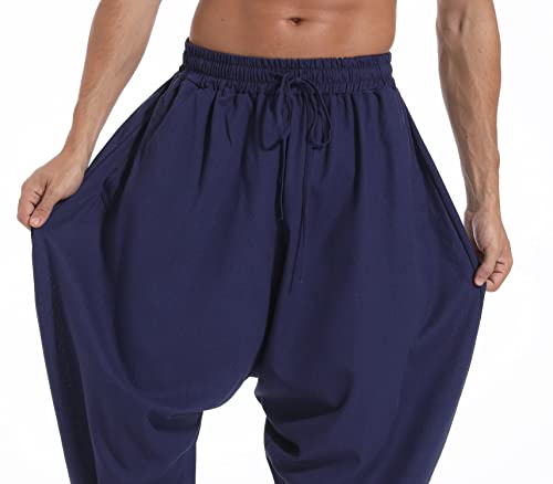Paceiadta Men Elastic Waist Harem Pants Loose Drawstring Drop Crotch Trousers (Large, Blue) #TOP4