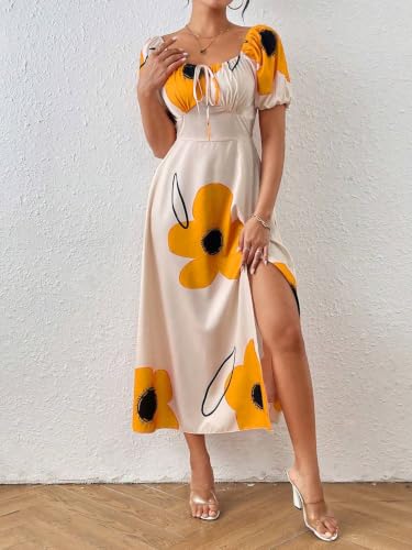 Image of GRECIILOOKS Summer Dress for Woman | Boho Square Neck Long Dress | Women's Puff Sleeve Floral Printed A Line Maxi | Elegant Tie Front Slit Outfit | Comfortable Beach, Vacation, Party & Holiday Outfit