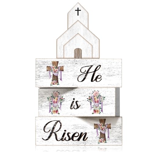 Seeloowy 4 Pcs Easter Table Decoration He Is Risen Christian Resurrection Scene Decoration Jesus Tomb Wooden Sign Religious Catholic Cross Table Display for Home, Church, Shelf, Tiered Tray