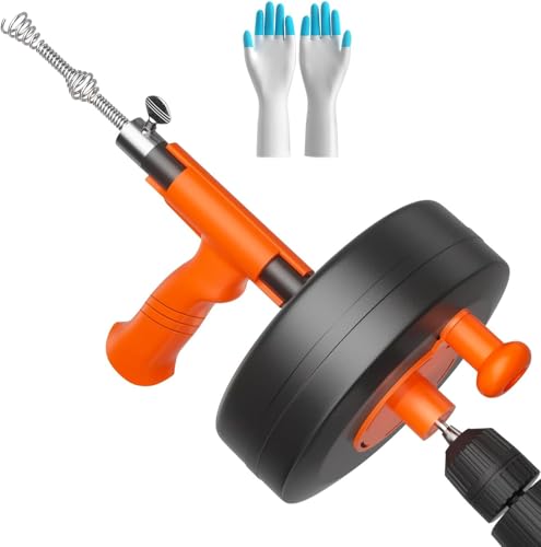Drain Snake 50ft Flexible Steel Drain Auger With Drill Adapter Heavy Duty Sink Plumbing Unblocking Hand Auger Remover Manual Or Powered for Shower & Bathtub Clogs-No auto retract or feed
