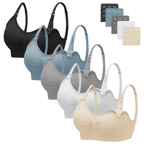 Image of Angelhood Nursing Bra 5 Pack Womens Maternity Breastfeeding Seamless Wireless Sleep Bra with Extenders