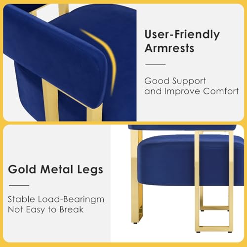 Image of Velvet Dining Chairs Set of 2, Blue Upholstered Accent Armchairs, Gold Legs