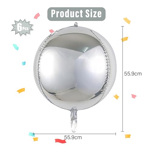 Image of silver balloons, 6-pack 22-inch metallic silver balloons partywoo balloons, 4D round silver chrome balloons for silver birthday party decoration, silver foil balloons silver metallic balloons