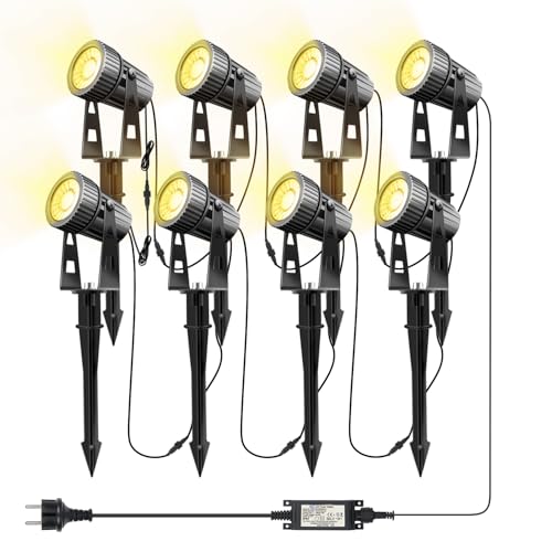 8 luci da giardino Faretto da giardino a LED bianco caldo Illuminazione 24V 24W da giardino a LED con picchetto da terra Lampada da giardino 2100LM 26 m IP65 di cavo per esterno prato da giardino