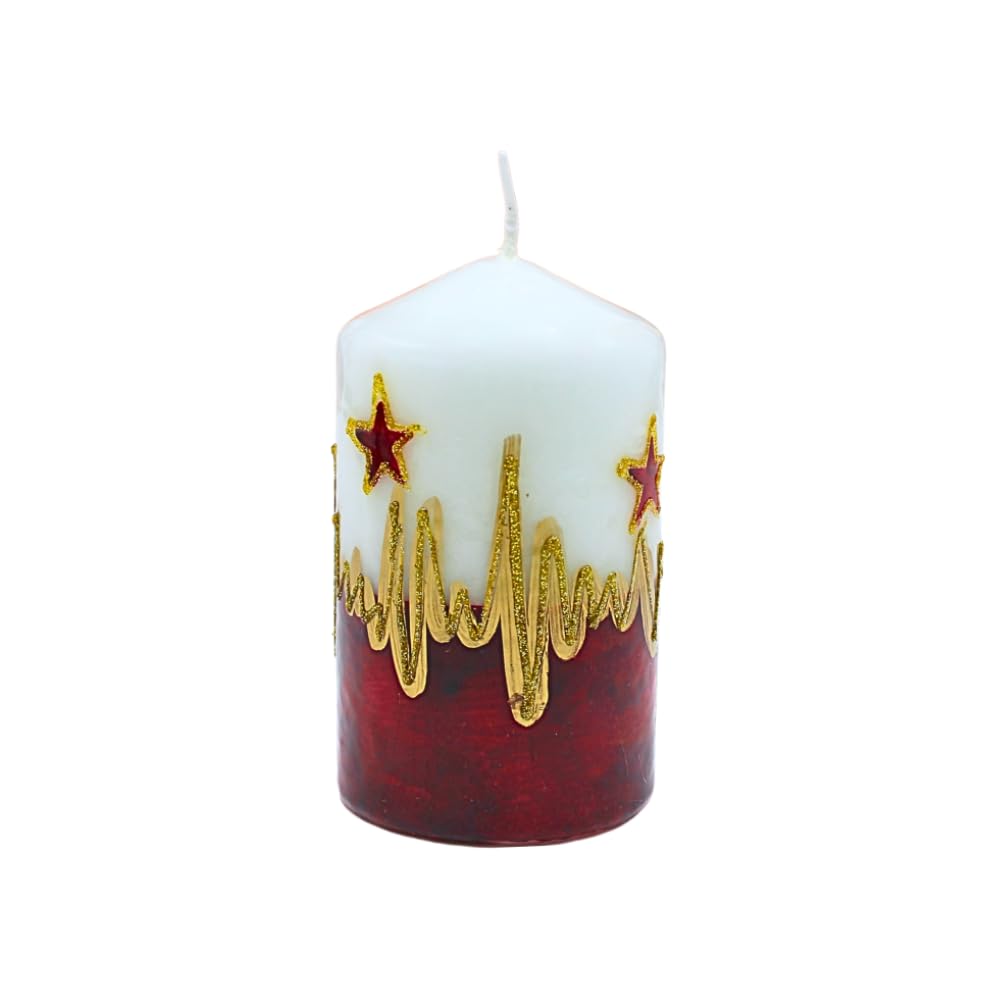 Noble vela de mesa, vela decorativa, vela de cera con diseño de Navidad, vela de Navidad como pilar de estrella de Cristo, en blanco, rojo y dorado, altura de 11 x 6 cm aprox.