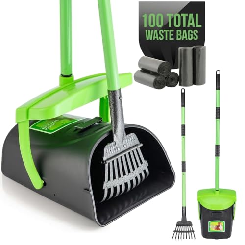 MXF Pooper Scooper Swivel Bin & Rake Kit with 100 Waste Bags 36.6 Long Handle Dog Poop Scooper with Bag Attachment for Large Medium Small Dogs Poop Scooper for Lawn Yard Dog Kennel