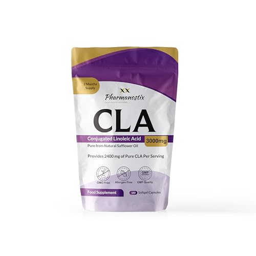 Pharmanostix CLA Conjugated Linoleic Acid Supplement 3000mg Derived from Safflower - 1000mg Per Capsule - 180 Easy Swallow Softgel Capsules -80% Active Isomers - No Filler - Suitable for Men and Women