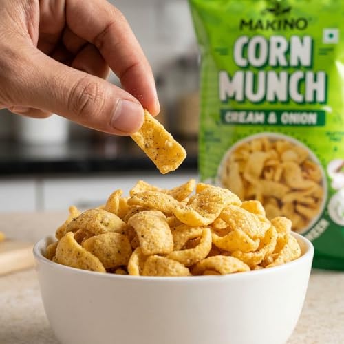 Image of Makino Corn Munch Cream & Onion Crunchy Chips, Pack of 3 (150g) Each - First Time in India, Creamy & Zingy Fusion Flavour, Irresistible Snack, Zero Trans Fat, Gluten Free & No MSG