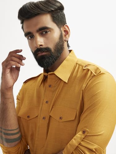Kurta Pathani manches enroulables et ourlet arrondi en coton mélangé