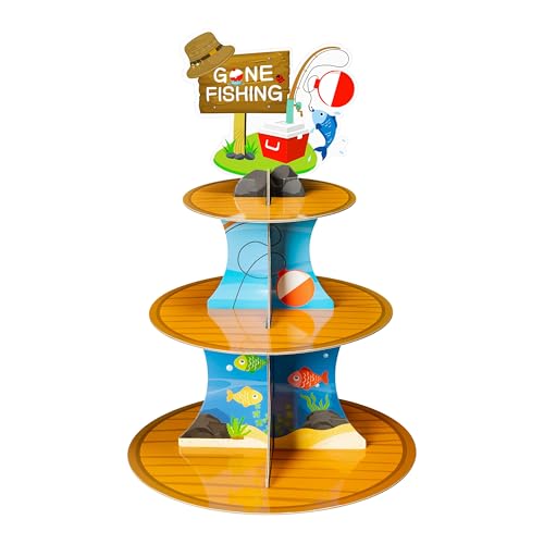 ANGOLIO Go Fishing Cupcake Stand - 3 Tiered Fish Birthday Party Decorations