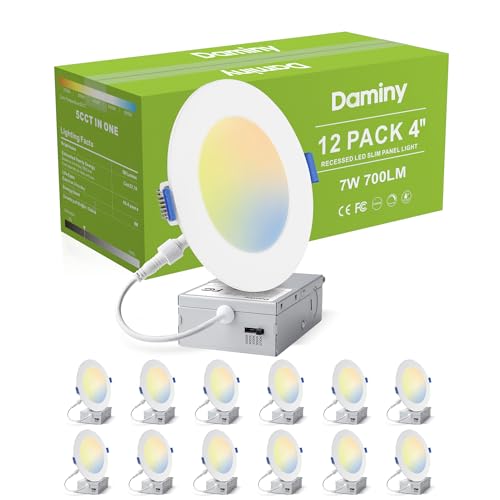 DAMINY 12 Pack 4 Inch LED Recessed Lighting with Junction Box 5CCT Ultra-Thin Recessed Light 7W 700LM Dimmable Canless Wafer Ceiling Light High Brightness