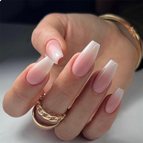 GlamRays Lot de 24 faux ongles à coller, taille moyenne, en acrylique, brillants, avec motif rose-blanc ombré
