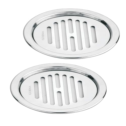 Image of GOEKA Round Lock Grating Stainless Steel Floor Drain 5 Inch | SS 304 Chrome Finish | Double Hole Locking Jali /Trap Floor Drain for Bathroom & Kitchen | Pack of 2