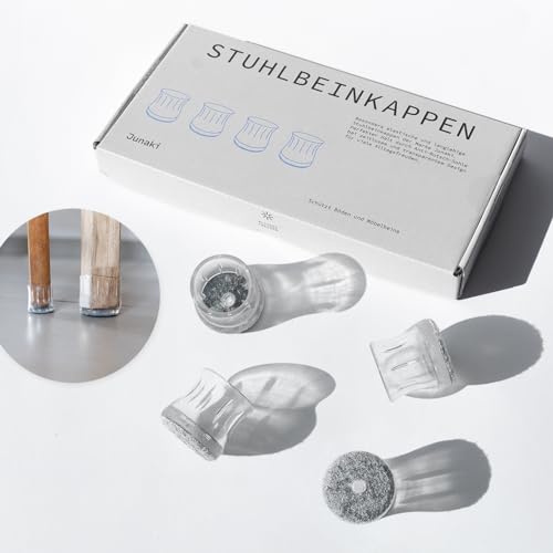JUNAKI® 32 Stuhlbeinkappen, transparentes Silikon mit Filz – Schutz für Stühle, Möbel und Böden aus Hartholz, Fliesen, Laminat - Stuhlbeinschoner sitzen fest am Bein 19-24 mm