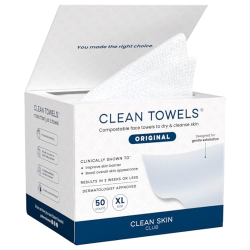 Clean Skin Club Clean Towels XL®, 100% USDA Biobased Face Towel, Disposable Face Towelette, Eczema Association Accepted, Makeup Remover Dry Wipes, Ultra Soft, 1 Pack, 50 Ct