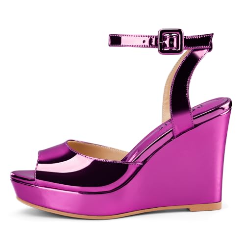 Image of Women's Dressy Platform Wedge Sandals Gold Wedges Peep Toe Patent High Heels Slingback Heeled Comfortable Ankle Strap Shoes