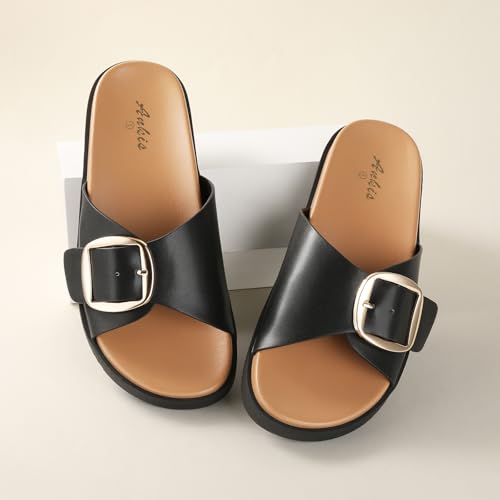 Brown Black White Flat Sandals for Women 2025,Wide Width Leather Sandals for Women Comfortable Dressy,Womens Summer Beach Sandals with Adjustable Strap and Buckle2