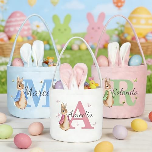 Personalized Baby Easter Basket with Name Custom Bunny Easter Baskets for Kids Baby Boys Girls Infant Toddler Baby's First Easter Basket Decorations Gifts Party Supplies