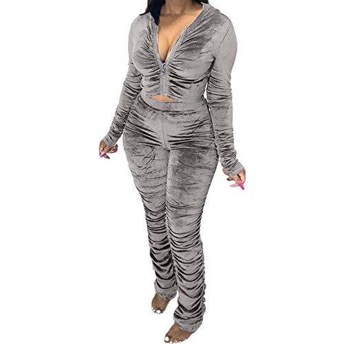 Women's Sweatsuit Set Velour Long Sleeve Zip Up Hooded Jacket and Pants 2 Piece Tracksuits Jogger Outfits Jumpsuits XXL Gray