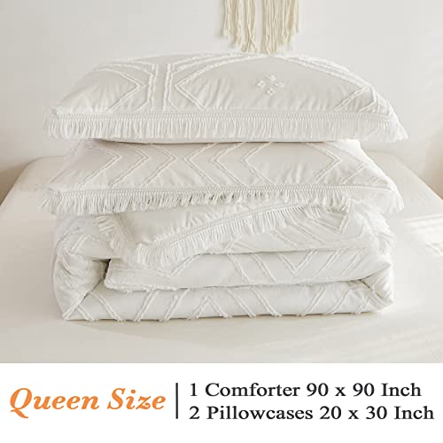 Oarage Boho White Comforter Set Queen,3 Piece Tassel Geometric Textured Tufted Comforter For Queen Size Bed,Shabby Chic Bedding Comforter Sets(2 Pillowcase), All Season Bed Set #TOP4
