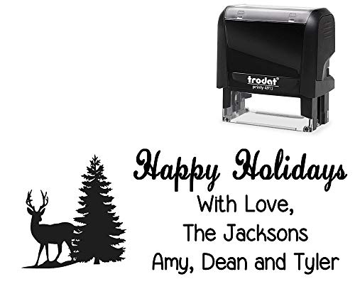 Customized Happy Holidays Self-Inking Stamp. with Christmas Tree with Deer Image - Large 4 Lines.